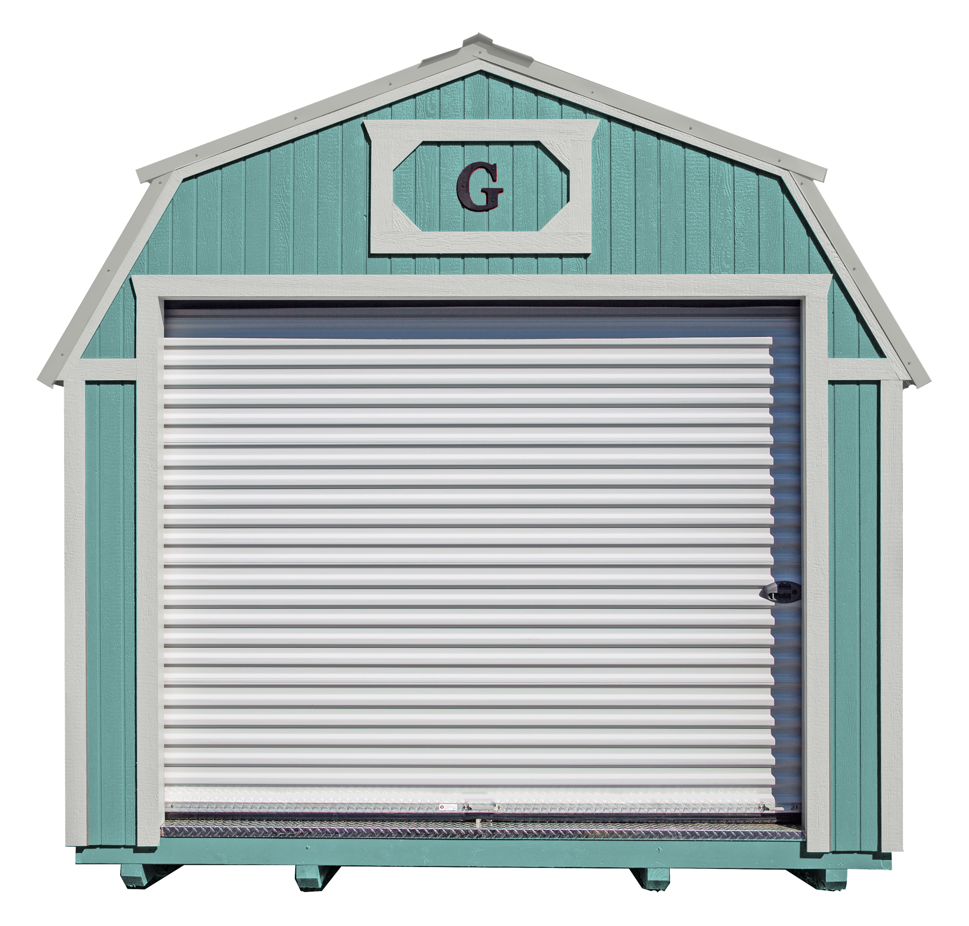 A blue barn with a white door and the letter g on it.