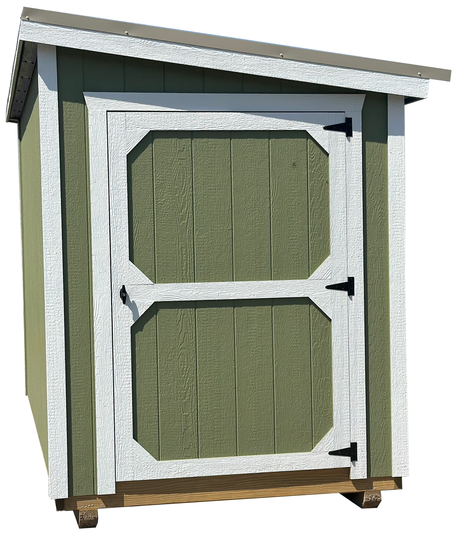 A green and white shed with a white door on a white background.