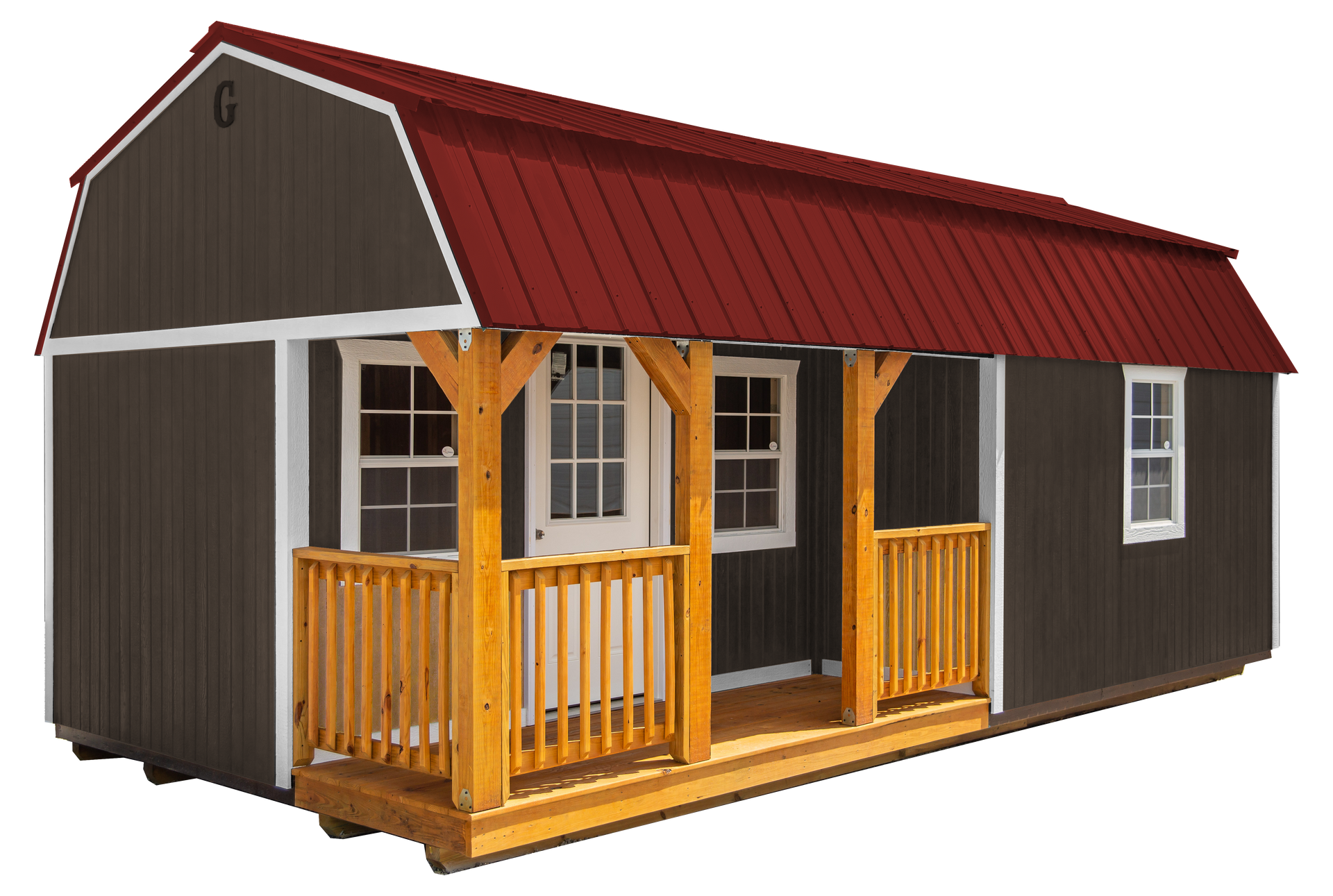 A brown barn with a red roof and a porch.