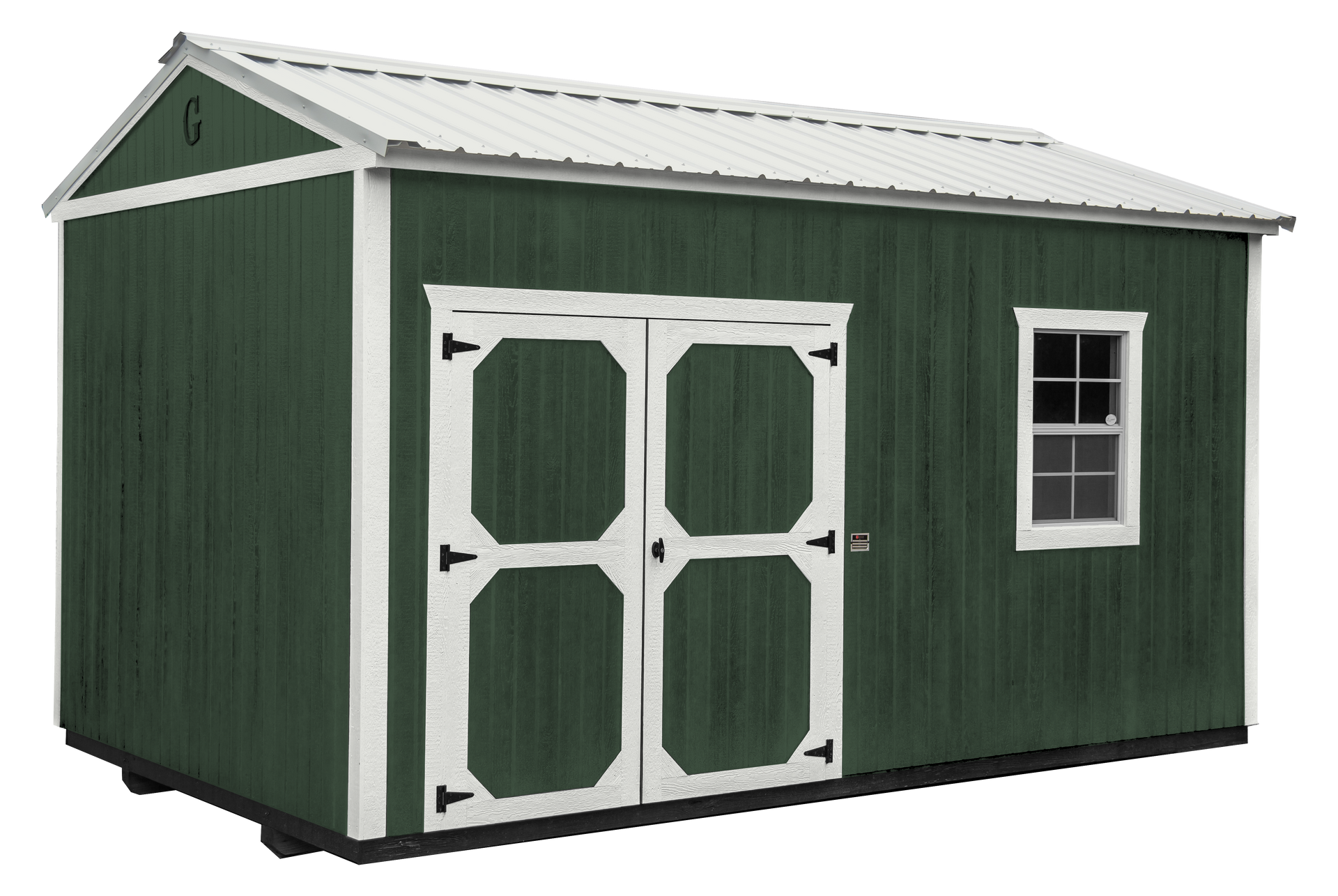 A green shed with white trim and a white roof