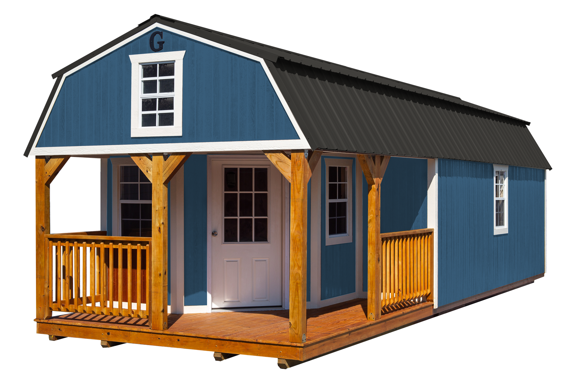 A blue barn with a porch and a black roof on a white background