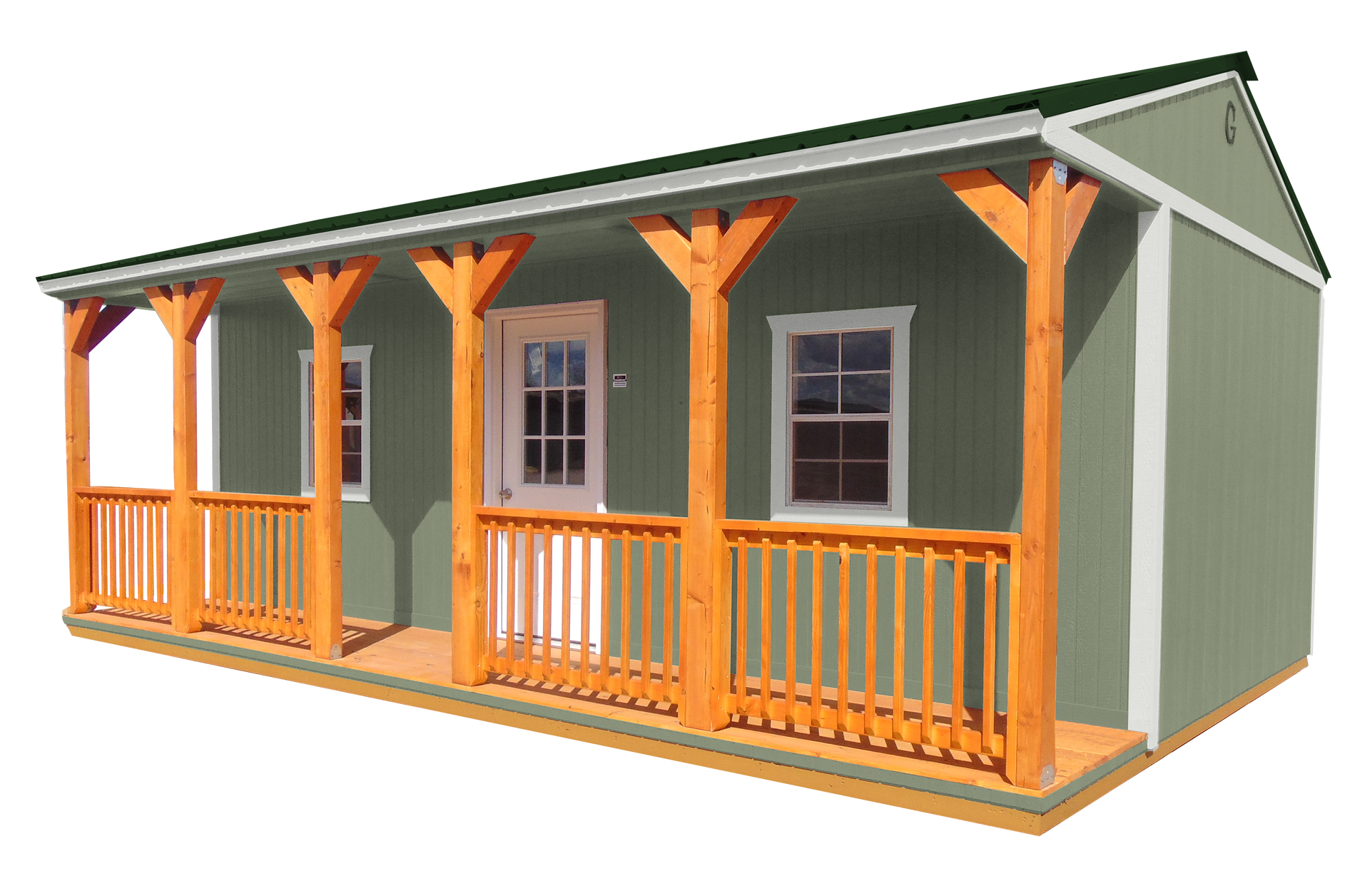 A green house with a porch and a green roof