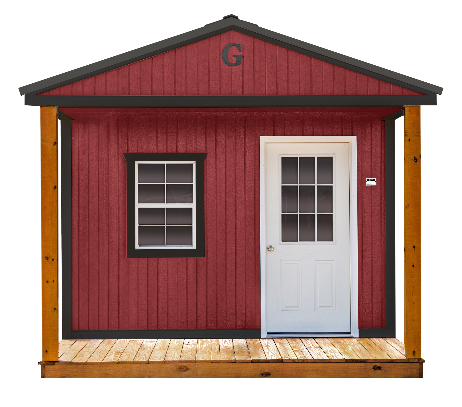 A red shed with the letter G on the roof