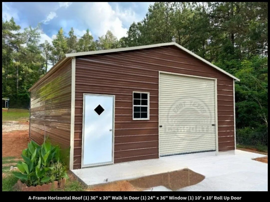 A brown garage with a white door and window