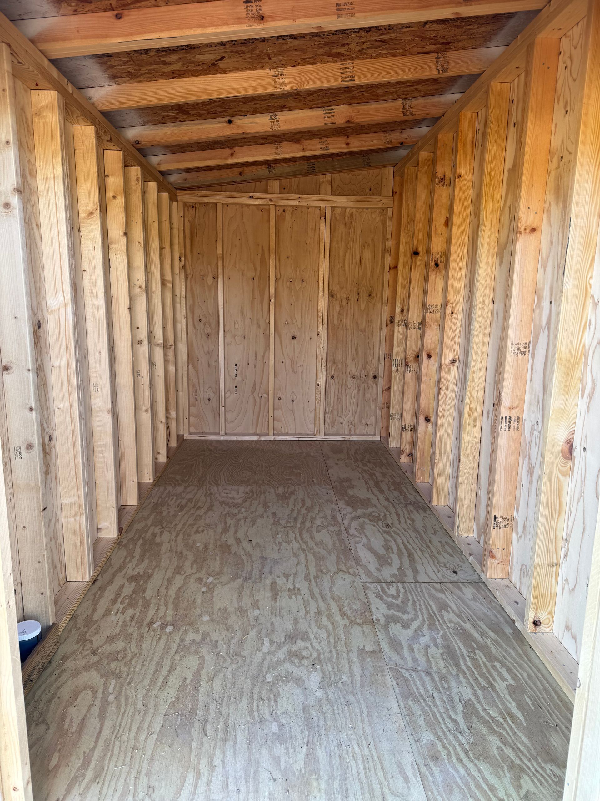 Interior view of an unfinished wooden shed with plywood floor and walls, and sloped ceiling.