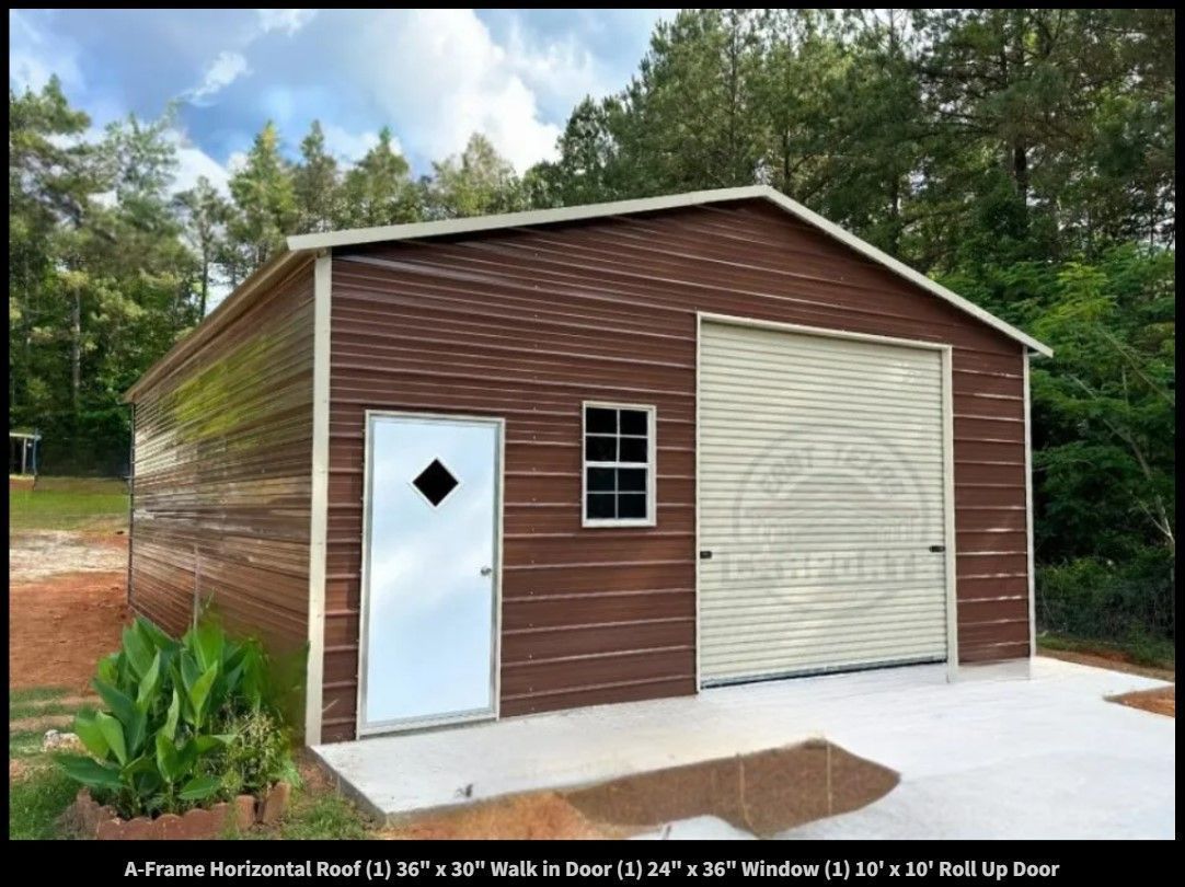 Brown metal garage with white door, window, and roll-up door on concrete pad.