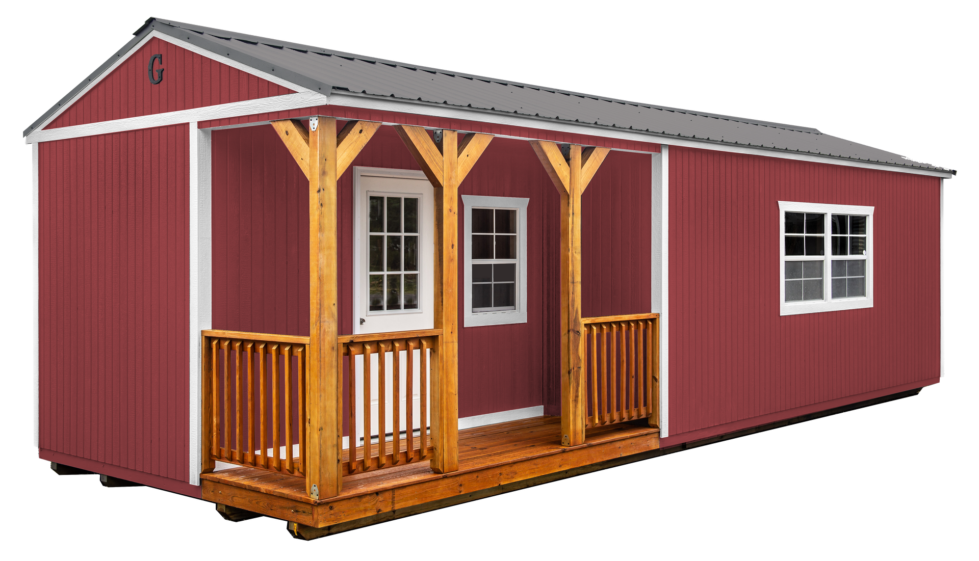 Red cabin with a porch and white trim.