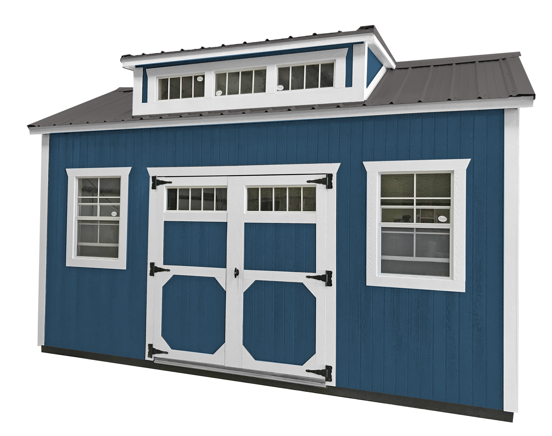Blue shed with white trim, double doors, two windows, and dormer with multiple windows.