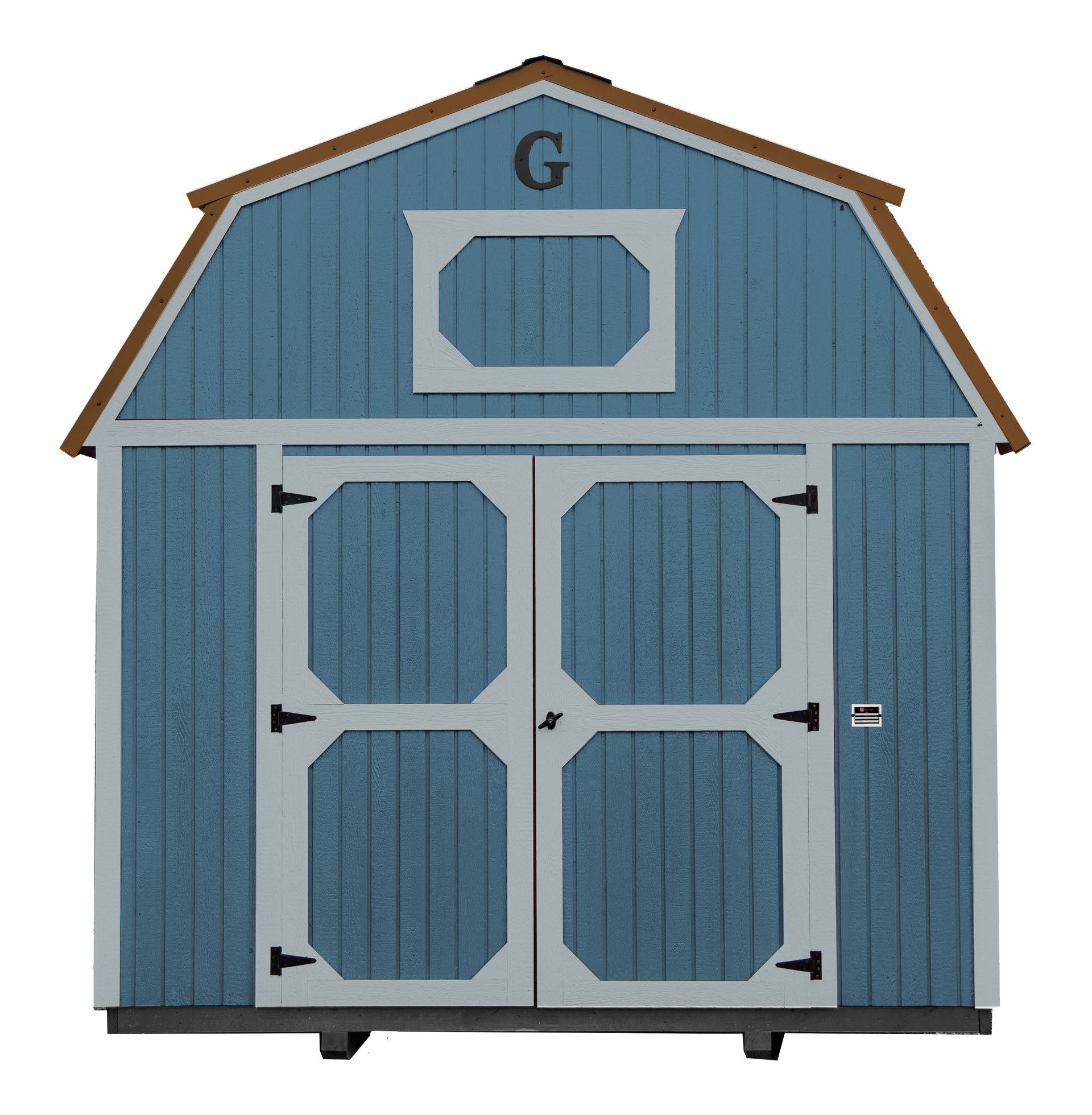 Blue and white barn-style shed with double doors and a window, brown trim, and the letter 