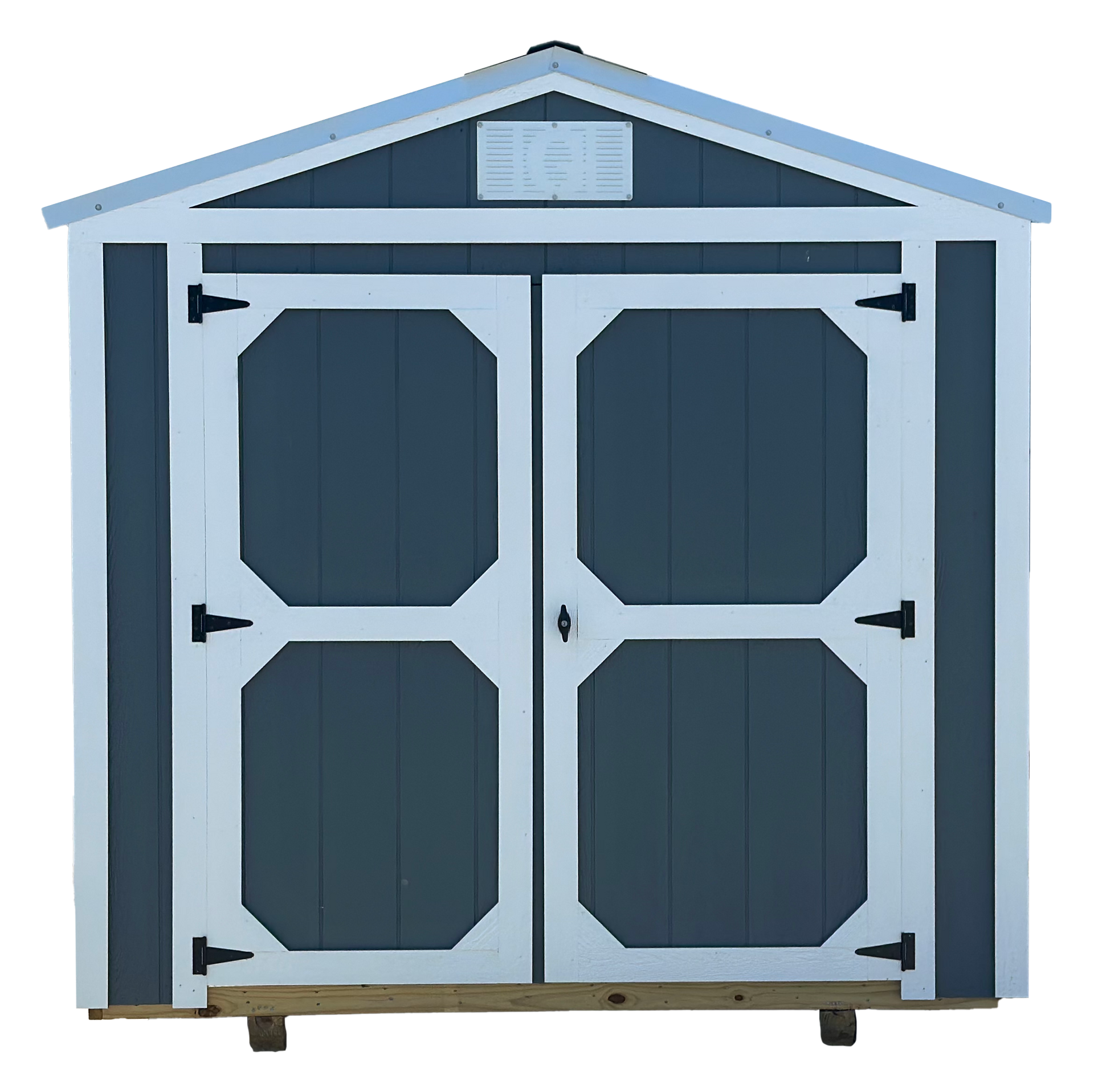 Blue and white storage shed with double doors.