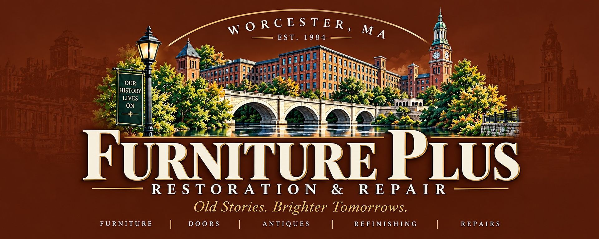Furniture Plus Restoration & Repair logo with decorative arch, trees, and Worcester, MA text
