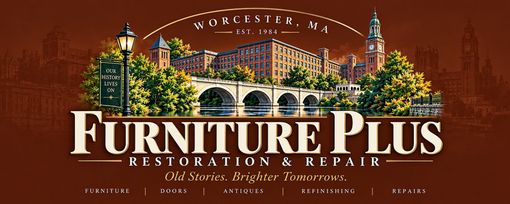 Furniture Plus Restoration & Repair logo with decorative arch, trees, and Worcester, MA text