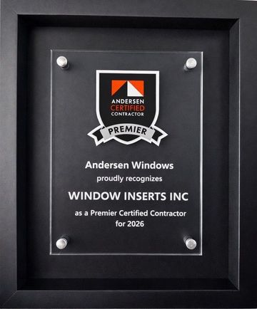 Plaque from Andersen Windows, recognizing Window Inserts Inc. as a Premier Certified Contractor for 2026.