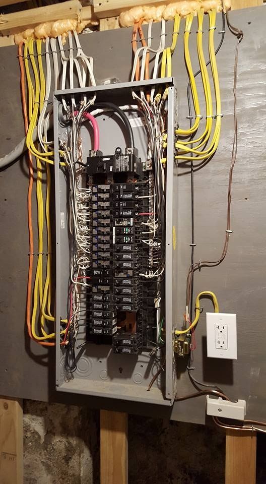 Electrical panel with numerous wires and breakers. Wall-mounted with a grounded outlet to the right.