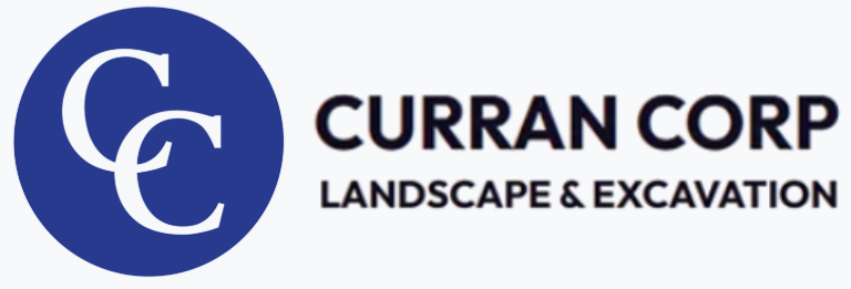 Curran Corp logo with a blue circle containing intertwined "CC" letters, and text that reads "LANDSCAPE & EXCAVATION".