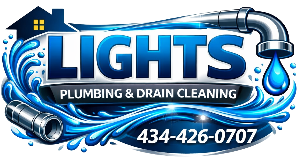 Lights Plumbing & Drain Cleaning logo: blue and silver design with a house, water, pipe, and phone number.
