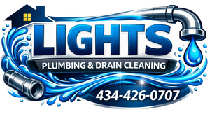 Lights Plumbing & Drain Cleaning providing drain cleaning and repair services 434-426-0707 logo with house, silver pipe and rushing water