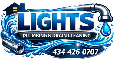Logo for Lights Plumbing & Drain Cleaning, with blue water, faucet, house, and phone number 434-426-0707.