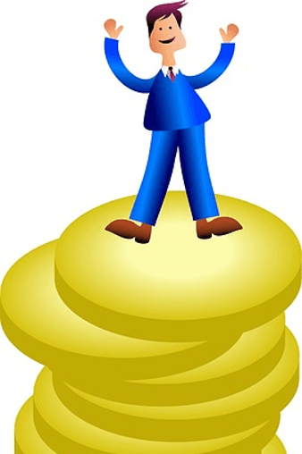 Cartoon person standing triumphantly on a stack of gold coins, arms raised.