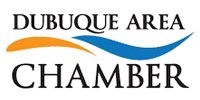 Dubuque Area Chamber logo with black text and orange and blue swoosh design