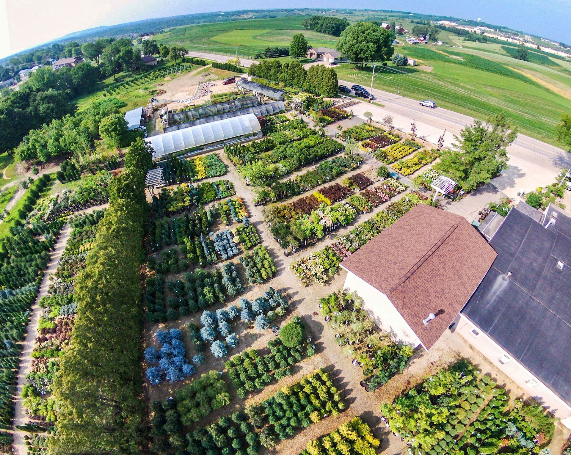 Aerial view of a large plant nursery with rows of colorful plants, greenhouses, and a red-roofed building.