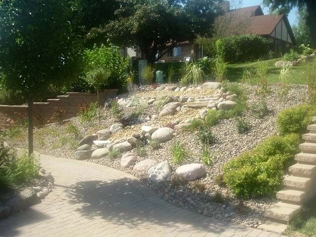 Stone terraced garden with steps, rocks, shrubs, and a house in the background