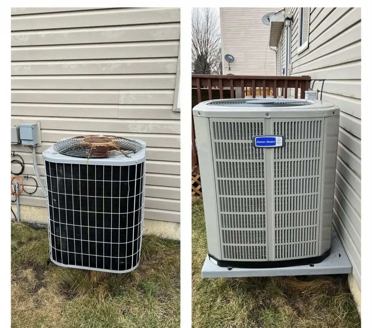 Two air conditioning units outside a house, one old and damaged, the other new and working.