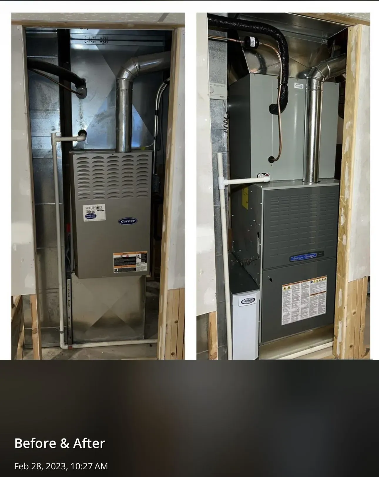 Before and after photos: a furnace installation inside a framed closet.