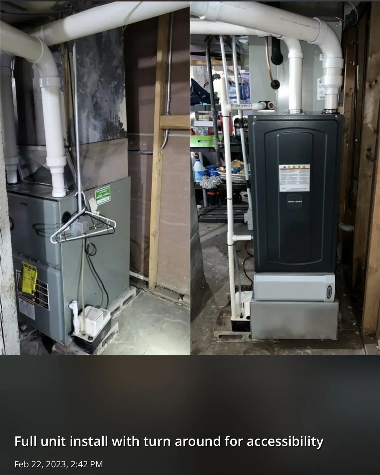 Two furnaces, one grey, one black, installed side-by-side in a utility room, for accessibility.