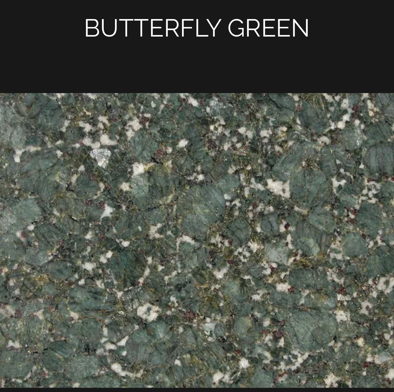 A close up of a butterfly green granite counter top.