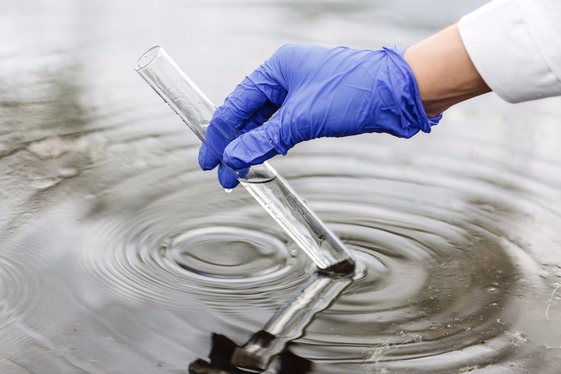 A gloved hand dips a glass test tube into dark, rippling water to collect a sample.