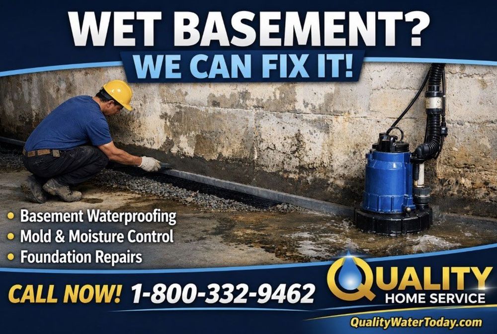 Basement waterproofing ad showing worker sealing a wet basement beside a sump pump and repair tools