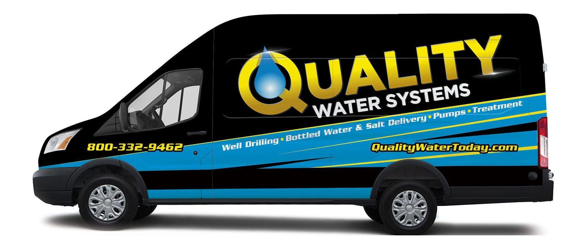 A black van with printed graphics on the side