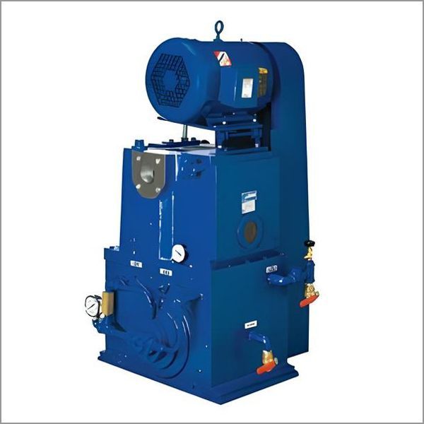 Blue industrial vacuum pump with an electric motor on top.