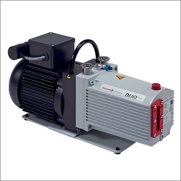 Vacuum pump, gray and black, with a motor and cooling fins.