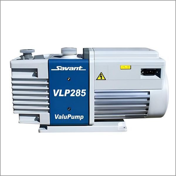 Savant VLP285 ValuPump vacuum pump, white and blue, with warning label and side fins.