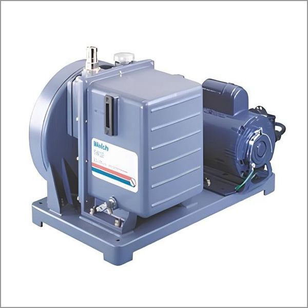 Blue Welch vacuum pump with an electric motor, on a base.