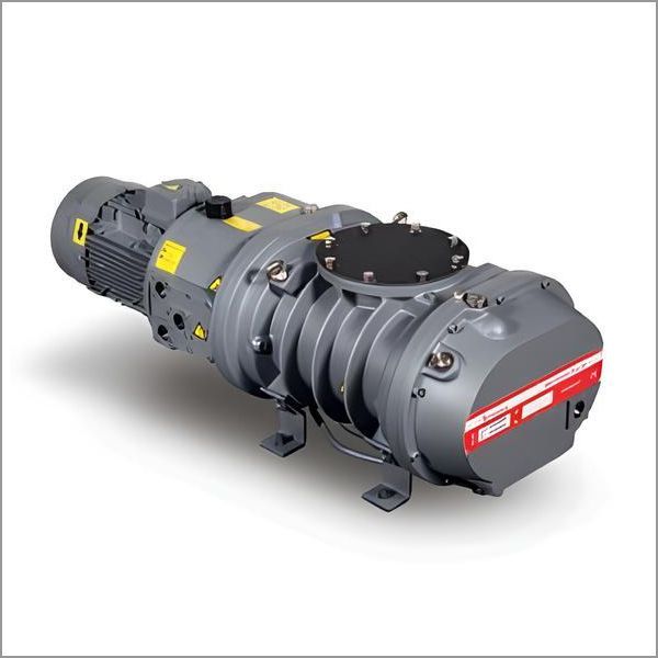 Gray industrial vacuum pump with an attached motor, mounted on a base.