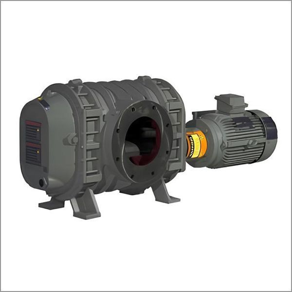 Gray industrial blower with electric motor attached.