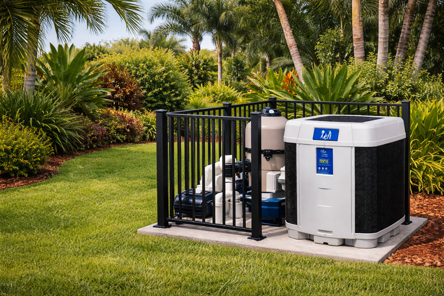Pool equipment enclosure in a lush green backyard, black fence, and white and blue components.