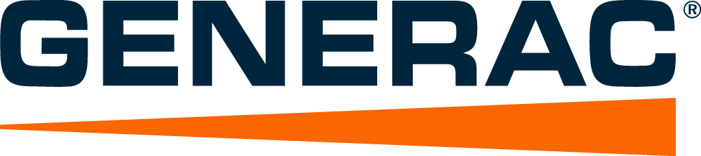 Generac logo: Dark blue text above an orange, upward-pointing, tapering stripe.