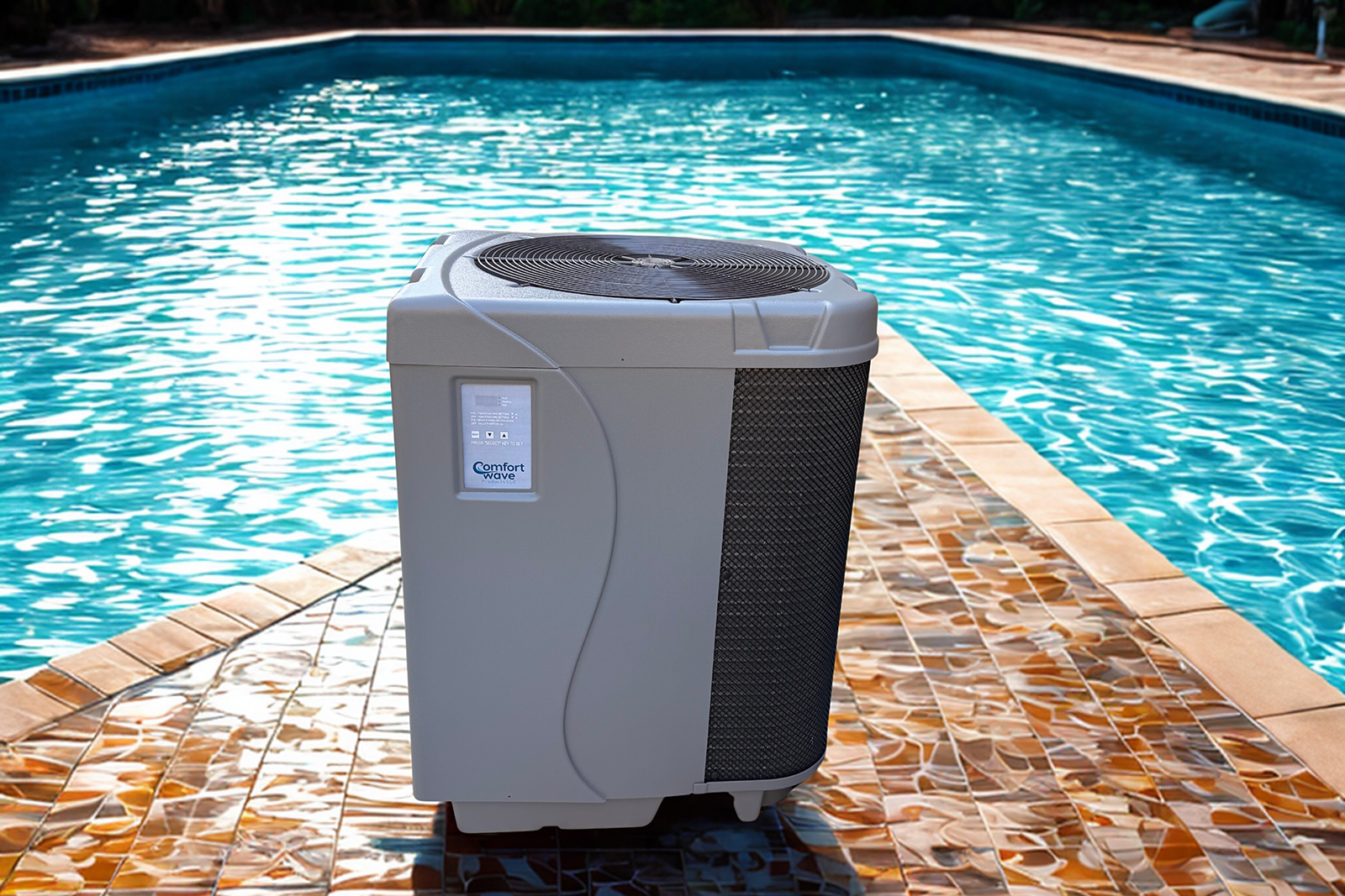 Pool heat pump next to a pool. Gray unit with a dark vent panel. Sunny outdoor setting.