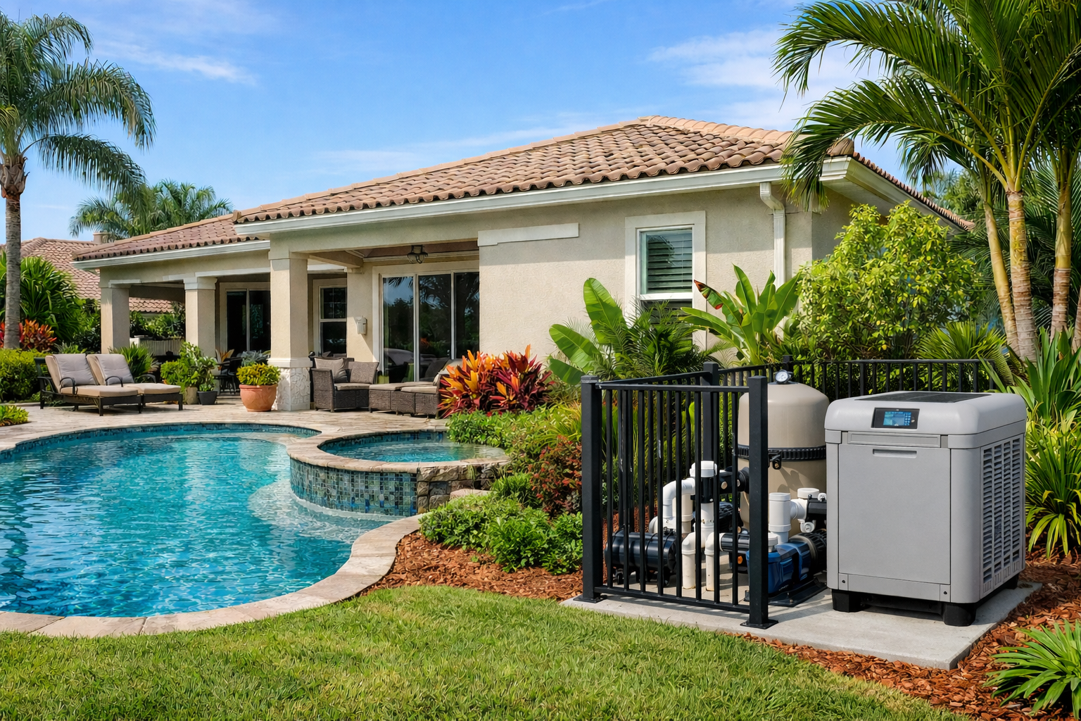 Backyard pool with a pool heater, plants, and a house under a sunny sky.