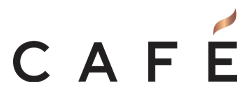 The word cafe is written in black letters on a white background.