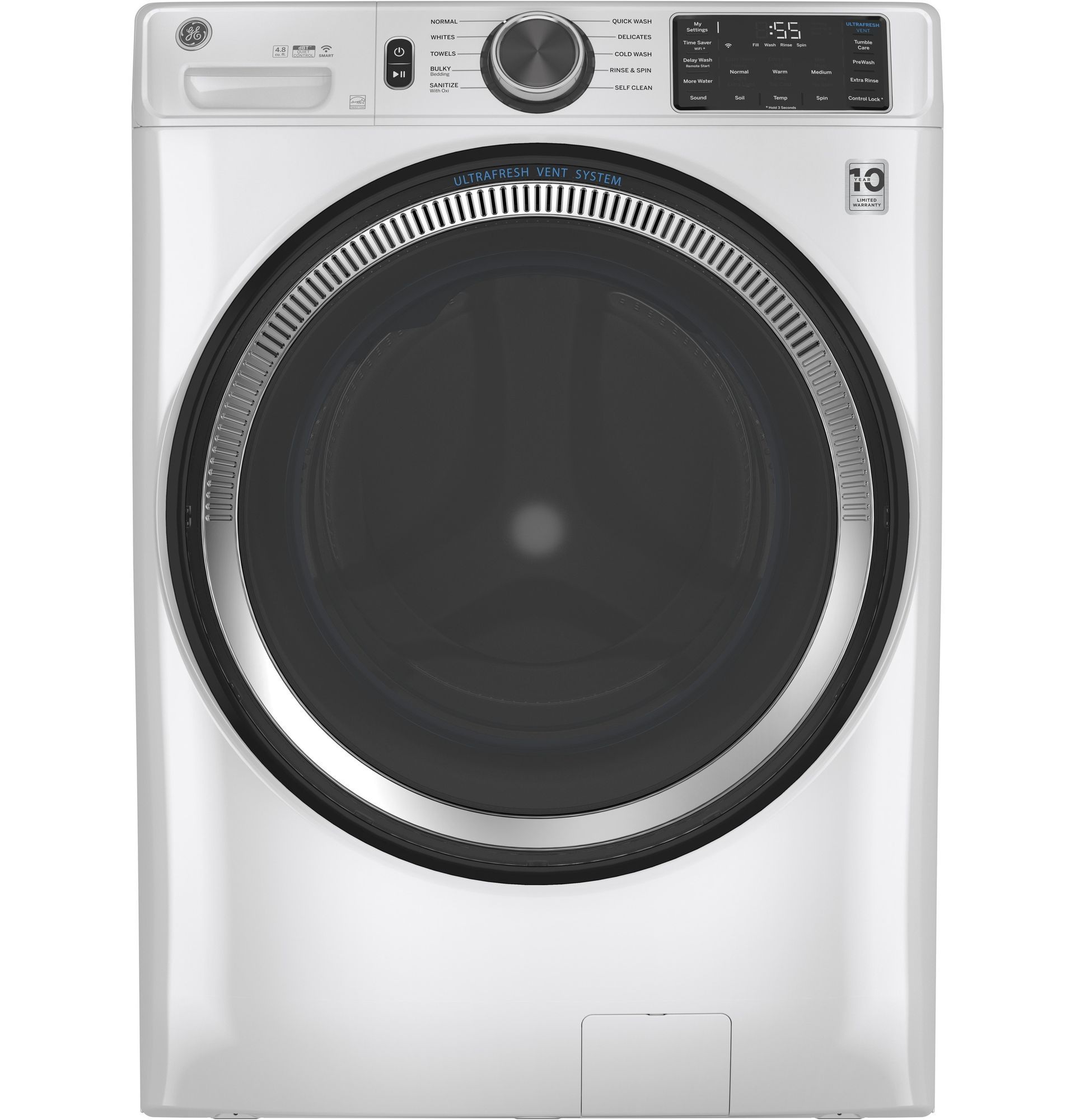White GE front-load washing machine with a large, dark door opening and control panel at the top.