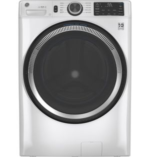 White GE front-load washing machine with a large dark opening and control panel.