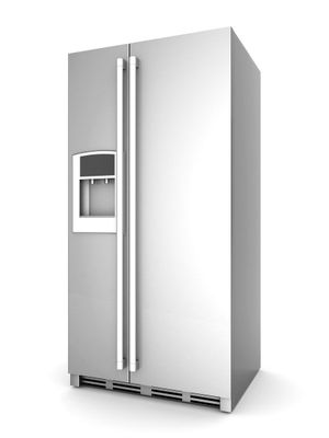Silver side-by-side refrigerator with water/ice dispenser, standing on a white background.