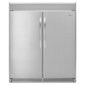 Stainless steel Whirlpool side-by-side refrigerator with long, vertical handles.