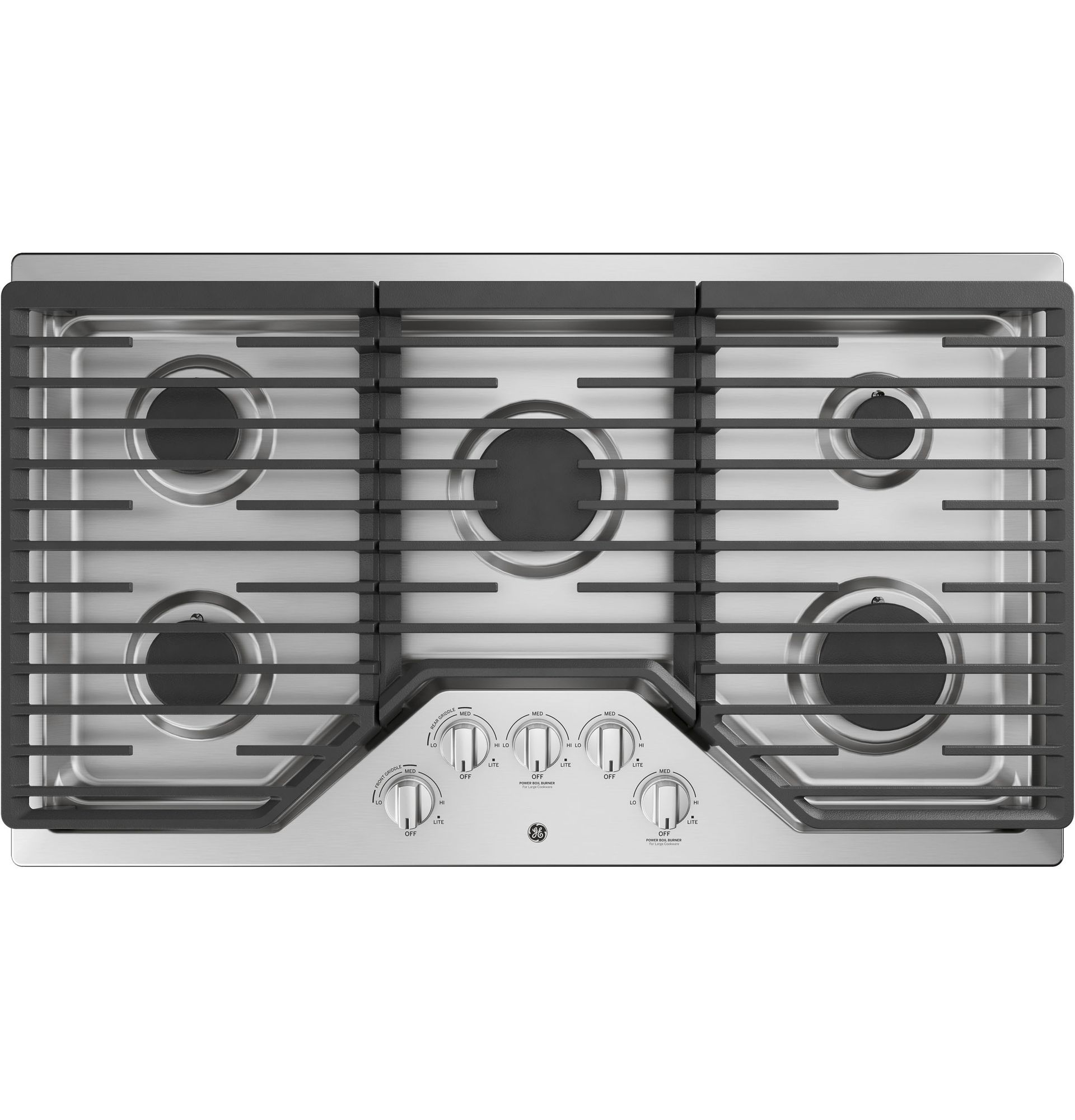 Stainless steel gas cooktop with five burners and black grates. Control knobs below.