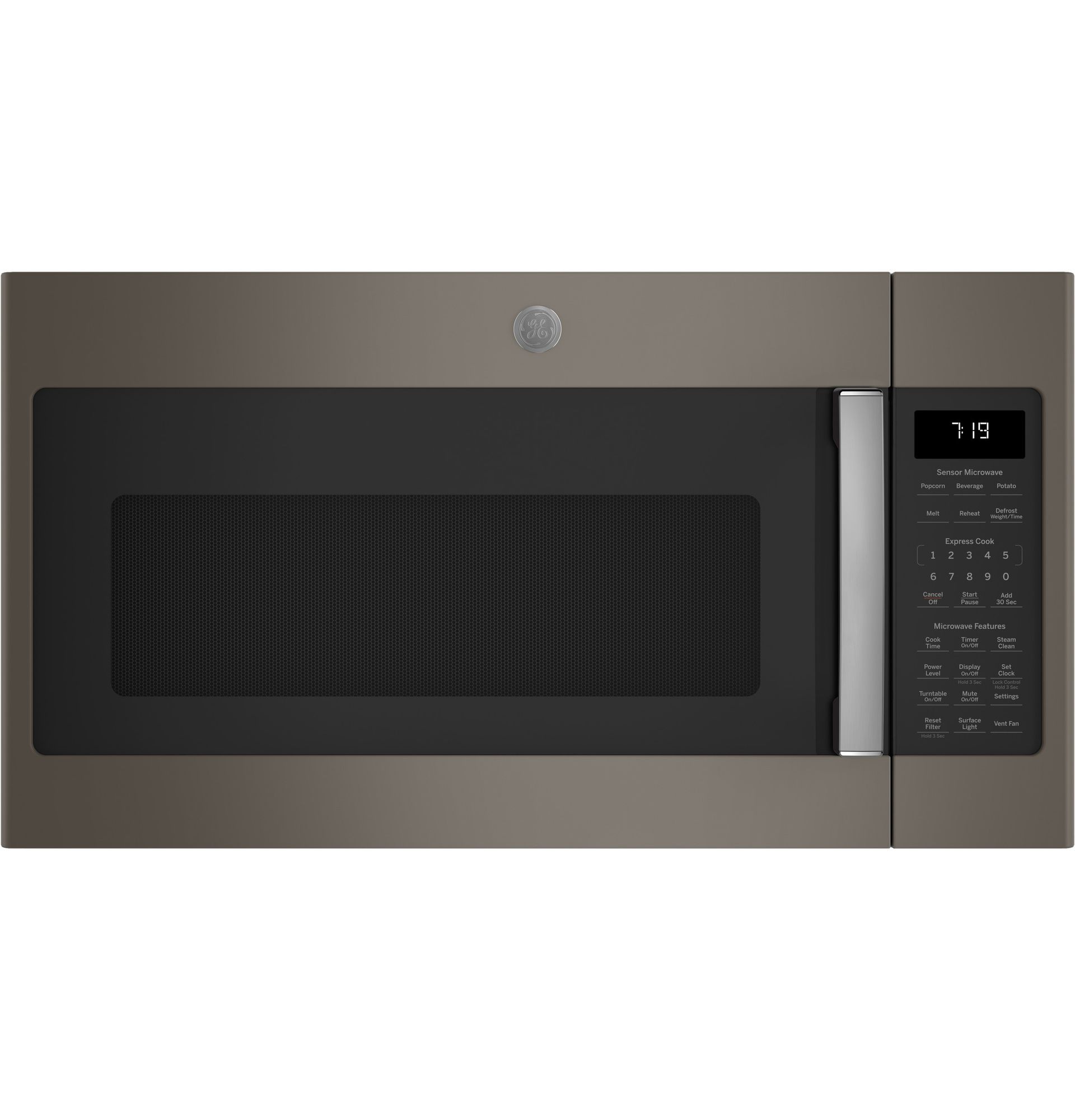 Dark bronze GE over-the-range microwave. Black door, silver handle and digital control panel on the right.